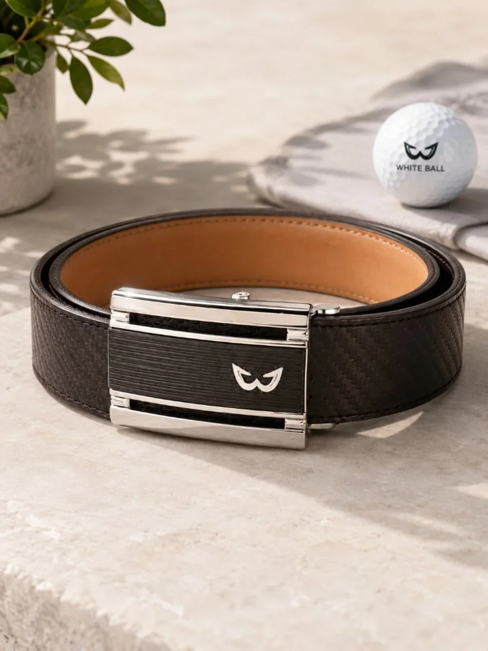 White Ball Kara Q Leather Ratchet Golf Belt Brown Adjustable Click Belt 45